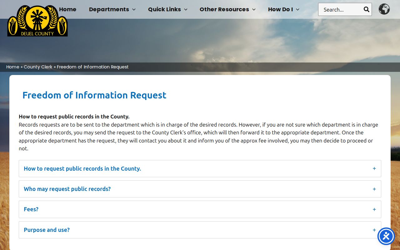 Deuel County warrant check reference showing public-record request routing