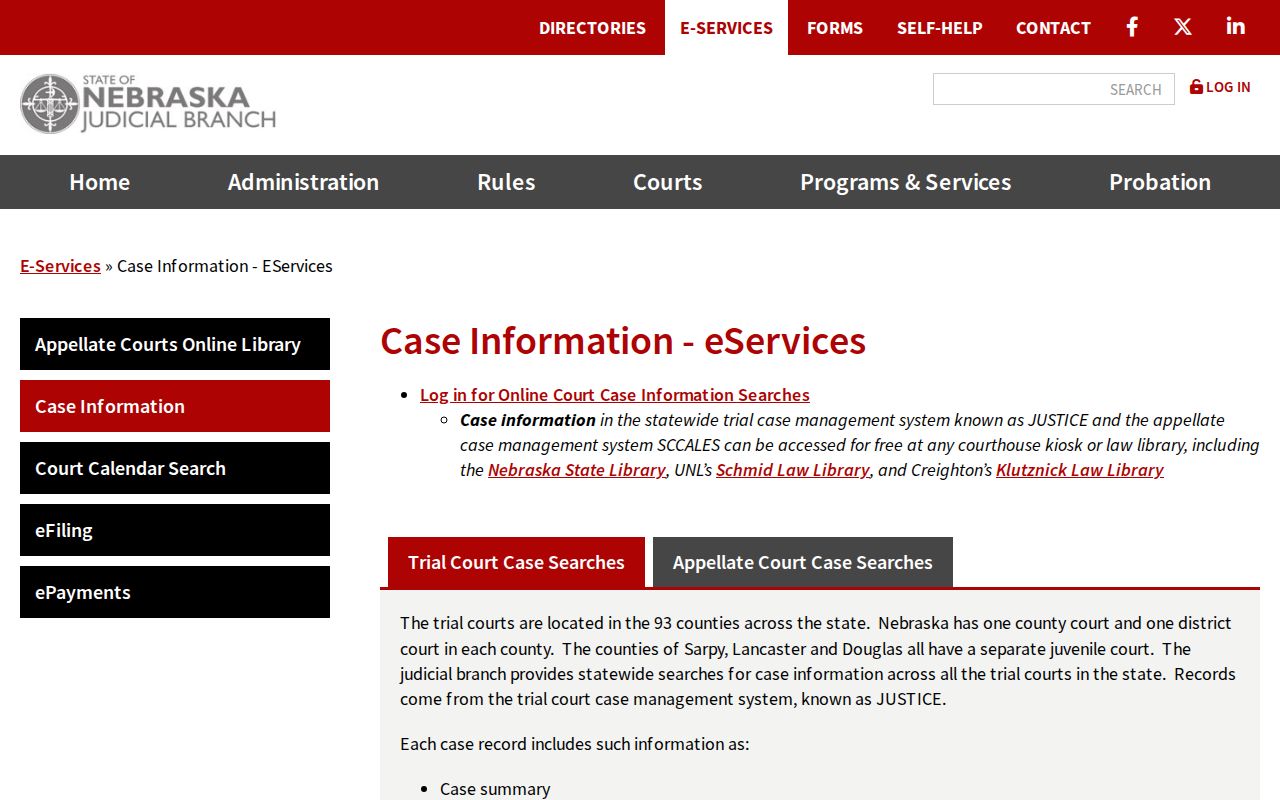 Deuel County warrant records reference showing the Nebraska JUSTICE case search