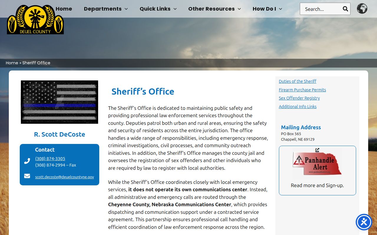 Deuel County active warrant search reference showing the sheriff office contact page